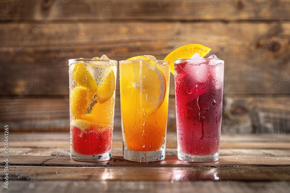 Poster Vibrant drinks displayed on rustic table. Suitable for food and beverage concepts
