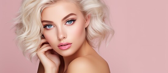 Stunning Blonde Model Showcasing Vibrant Makeup Look with Blue eyes and Pink Lips