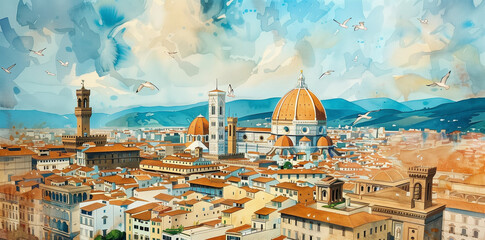 a painting of florence city with blue sky and birds flying around