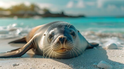 Adorable seal lounging on the beach under the warm sun. Concept Seals, Beach, Sun, Lounging, Adorable