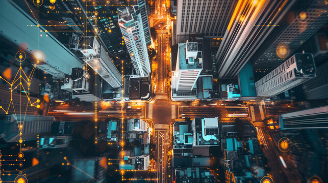 Overhead view of cityscape with futuristic economic graphs and analysis overlays