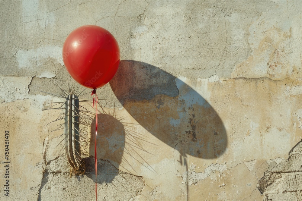 Poster red balloon attached to a wall, suitable for various concepts