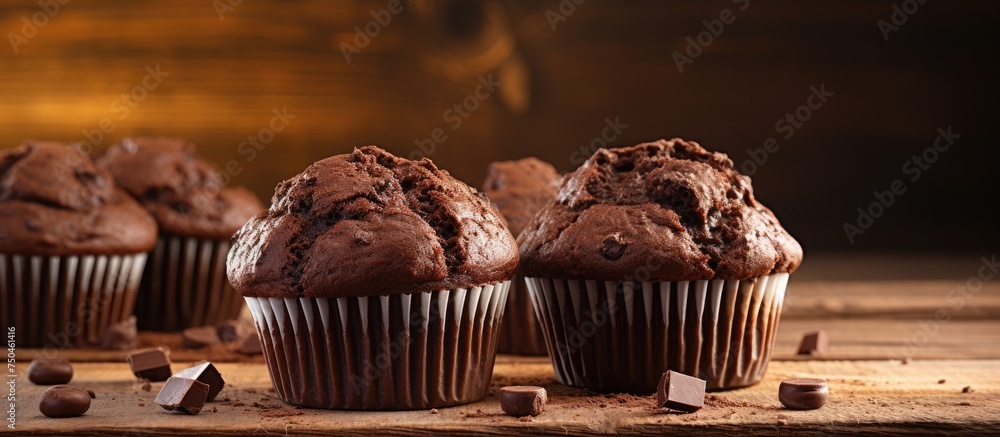 Aufkleber delicious array of rich chocolate muffins displayed on wooden table
