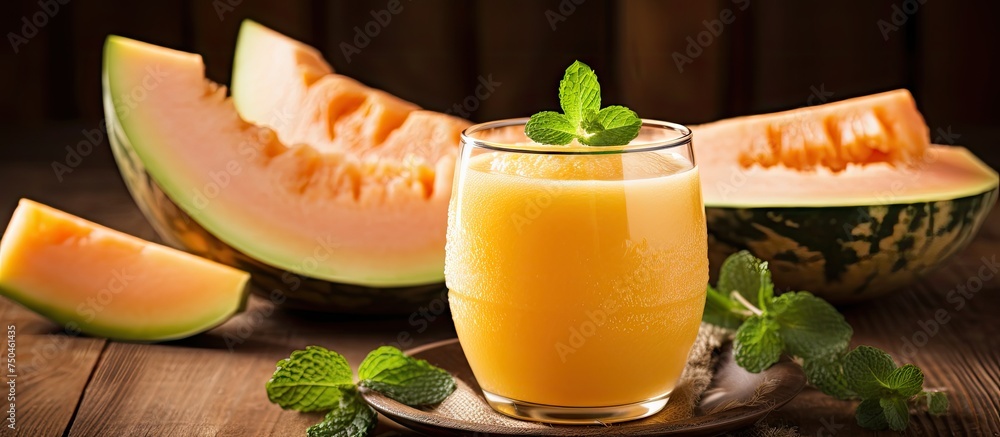 Poster refreshing watermelon juice in a glass with cantaloupe slice on wooden table