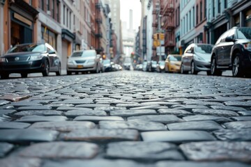 A city street paved with cobblestones and cars parked along the side. Suitable for urban themes