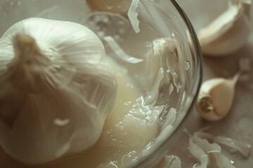 Close up of garlic in a glass bowl. Perfect for food and health-related projects