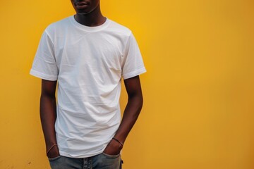 A man in a white t-shirt standing against a yellow wall. Perfect for business presentations