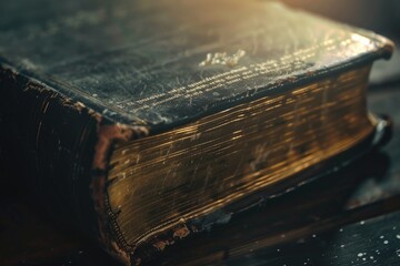 Vintage book resting on rustic wooden table. Suitable for educational and antique concepts