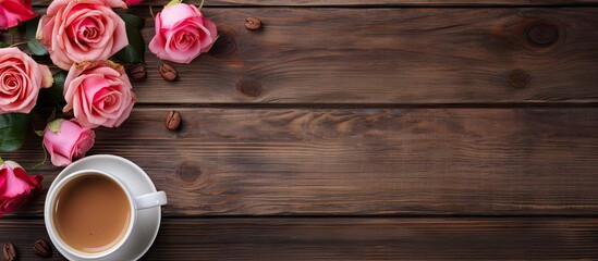 Fototapeta na wymiar Romantic Coffee Break with Elegant Pink Roses on a Rustic Wooden Table