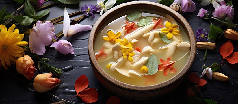 Exquisite Boiled Bamboo Shoots in Yanang Leaves Juice with Edible Flower Garnish