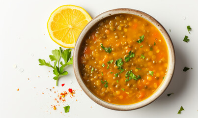 Lentil Soup in a bowl with a lemon slice, top-down view isolated on white background. Healthy eating concept. Design for cookbook, nutrition blog, menu