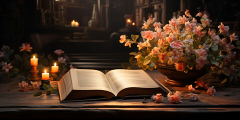 Open old bible in candlelight in church ,Cozy reading corner with book, coffee and fireplace in the background
