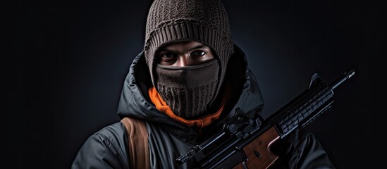 Dangerous Criminal Concealed in Balaclava Holding Gun and Staring Intensely at Camera