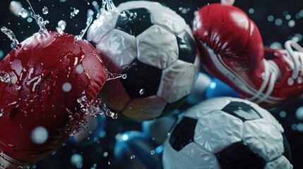 Red and white soccer balls getting splashed, perfect for sports designs
