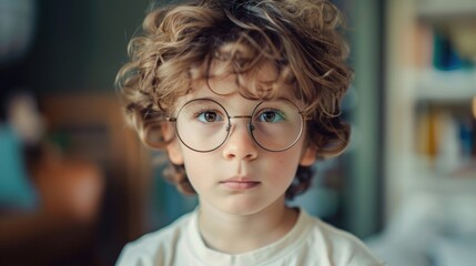 A young boy wearing glasses looking directly at the camera. Suitable for educational or lifestyle...