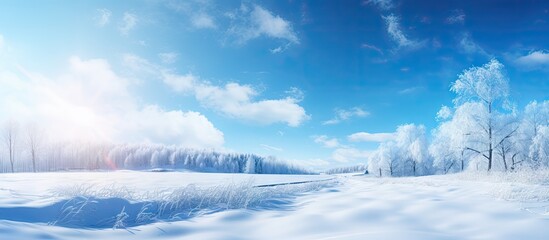 Tranquil Winter Charm: Sunlit Snowy Landscape with Majestic Trees under Blue Sky