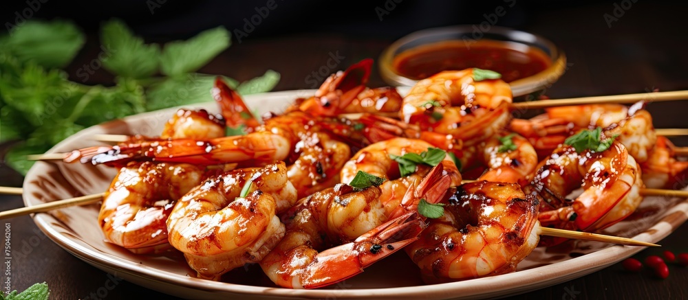 Sticker delicious grilled shrimp skewers served on rustic wooden table with savory sauce