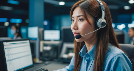 Beautiful Asian call center woman working in a company office, wearing a headset and using a laptop computer to talk and provide telephone service to customers at work.