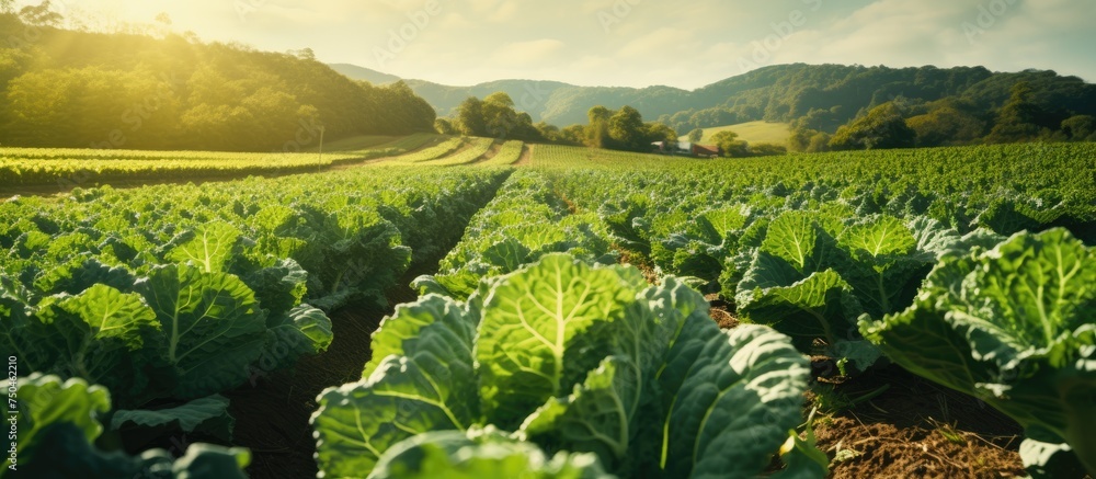 Canvas Prints Tranquil Path Surrounded by Lush Green Lettuce in a Cultivated Farmer's Field - Canvas Prints