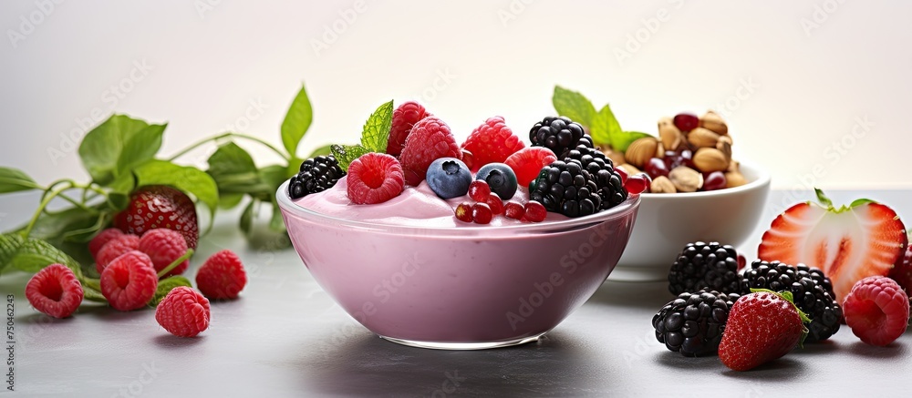 Poster vibrant fresh fruit, berries, and nuts displayed in artistic array on white background