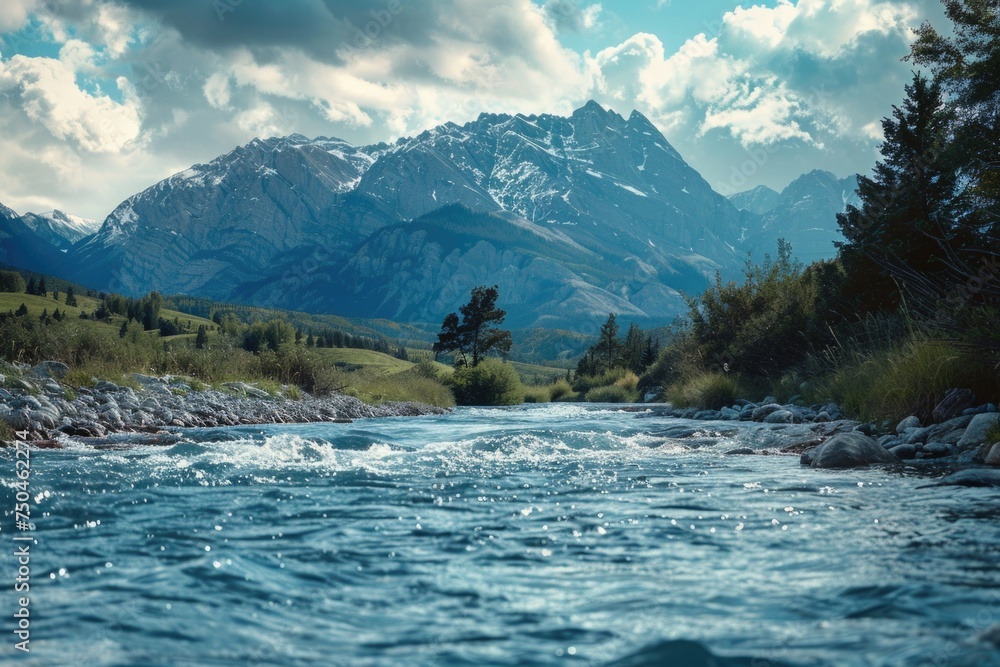 Poster scenic view of a river with a mountain backdrop. ideal for travel websites or nature blogs