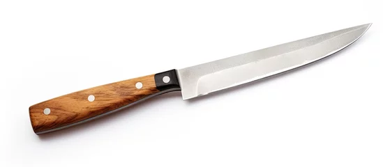 Fotobehang Sharp Wooden Handled Kitchen Knife on Clean White Background for Culinary Concepts © HN Works
