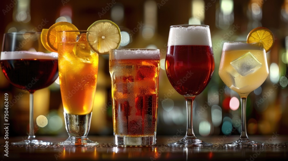 Poster Row of glasses filled with different types of drinks. Suitable for menu design