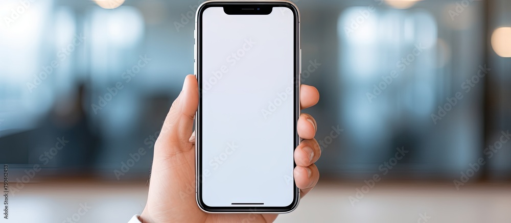 Aufkleber modern technology: person holding smartphone with blank screen for customization