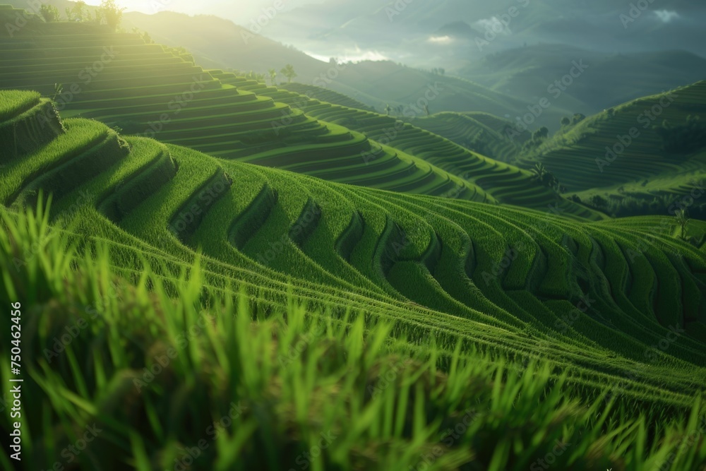 Poster a scenic view of a lush green grass field with majestic mountains in the background. suitable for va