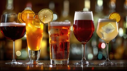Row of glasses filled with different types of drinks. Suitable for menu design