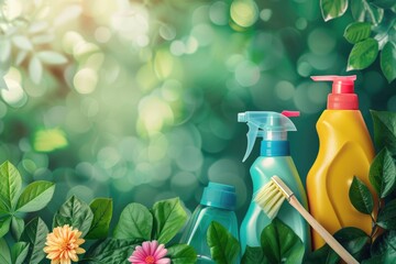 Various cleaning products displayed on a vibrant green field. Perfect for advertisements or articles about eco-friendly cleaning solutions
