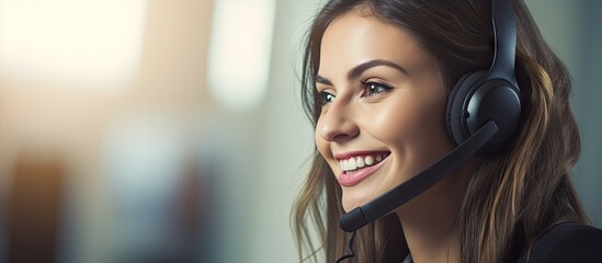 Professional Woman Wearing a Headset in a Busy Call Center Office