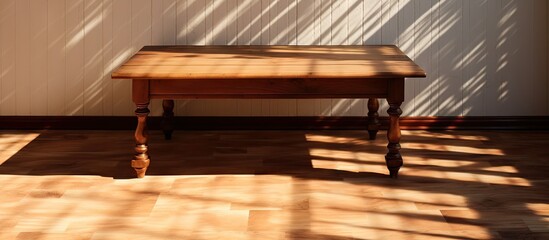 Serene Wooden Table Elegantly Captures Shadows of Lush Tree Leaves in Sunlight