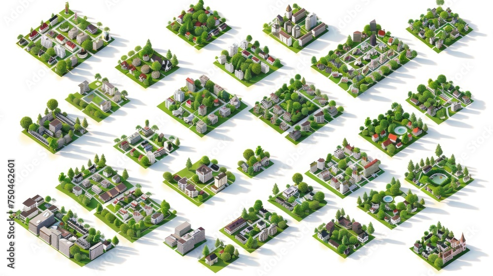 Aufkleber A set of isometric buildings surrounded by trees and bushes. Ideal for architectural and urban design projects