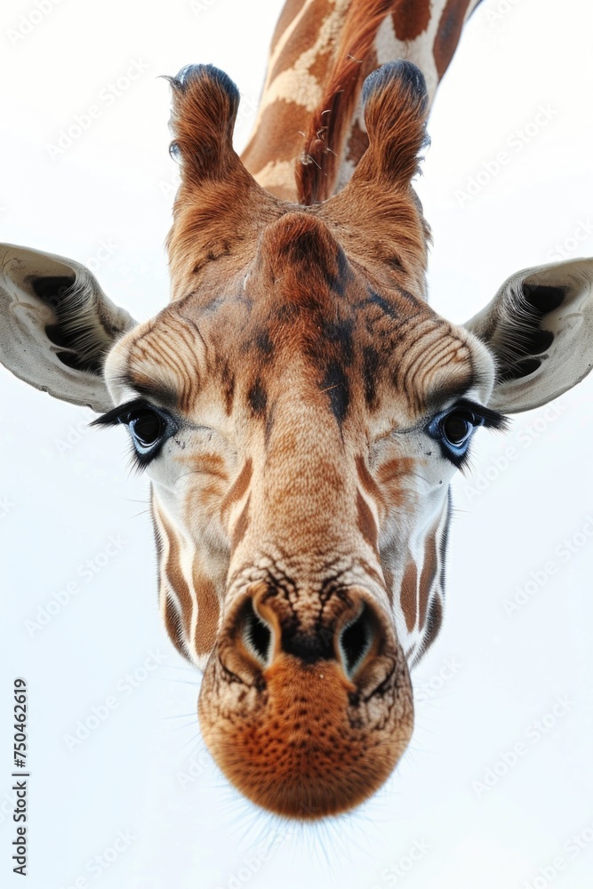 Poster close up of a giraffe's face with a blue sky in the background. suitable for nature and wildlife the
