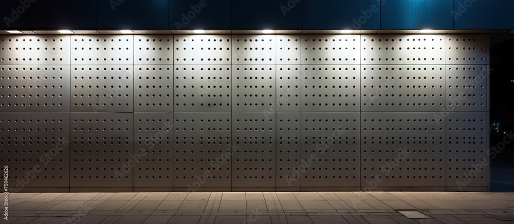 Aufkleber modern architecture: abstract grid wall with illuminated doorway in urban setting