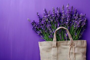Lavender flowers bouquet in beige eco linen shopper bag on purple background top view. Romantic...