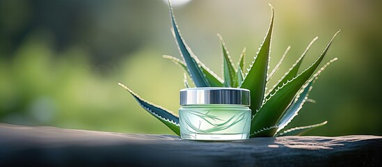 Gradient Beauty Cosmetic Container with Aloe Vera Leaves - Skin Hydration and Healing Benefits - obrazy, fototapety, plakaty