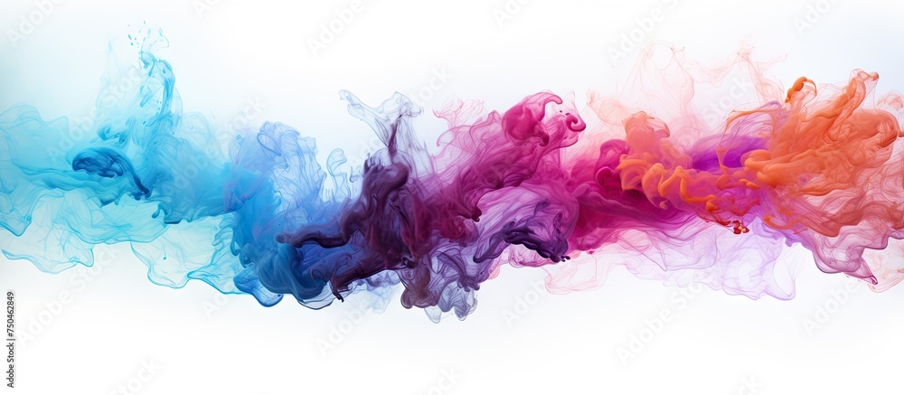 Poster vibrant abstract patterns of colorful smoke swirling on clean white background