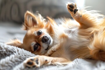 Long haired chihuahua playing  - obrazy, fototapety, plakaty