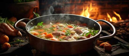 Hearty Vegetable Ham Soup Simmering on the Stove with Fresh Ingredients