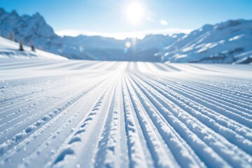 New groomed ski piste or slope. Lines in snow with sunny mountains background. Winter skis concept.  - obrazy, fototapety, plakaty