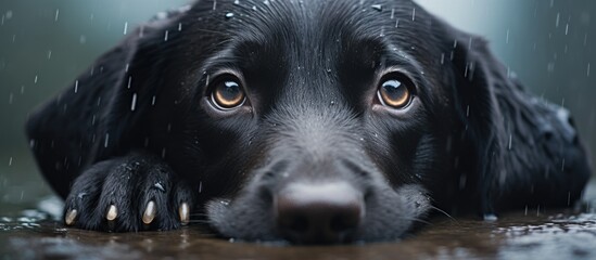 Intense Gaze: Majestic Black Dog Fixing Eyes on You in Wet and Sandy Surroundings - obrazy, fototapety, plakaty
