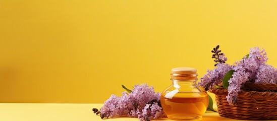 Obraz na płótnie Canvas Elegant Lavender Oil Bottle by Lavender Flowers in a Charming Display of Aromatherapy