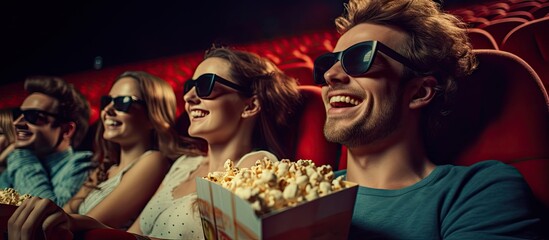 Diverse Group Enjoying Movie Night Together at Cinema with Popcorn and Aerated Drinks - Powered by Adobe