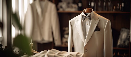 Elegant White Suit for Groom's Wedding Day - Hanging in Beautiful Soft Light - 750463075