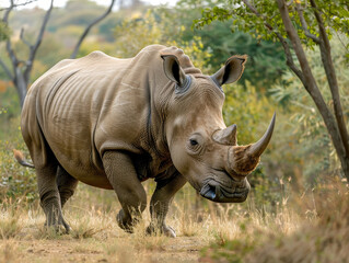 Naklejka premium A rhinoceros grazing in the dry African savannah, an example of majestic wildlife.