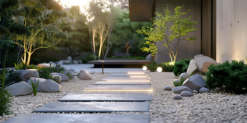 a modern garden with lighting and rocks
