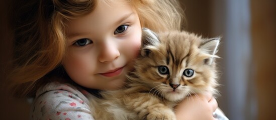 Tender Moment: Young Girl Embracing Adorable Kitten in Her Loving Arms