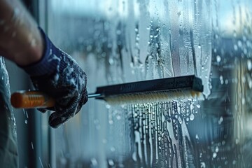 Person cleaning a window with a brush, suitable for household or cleaning services concept
